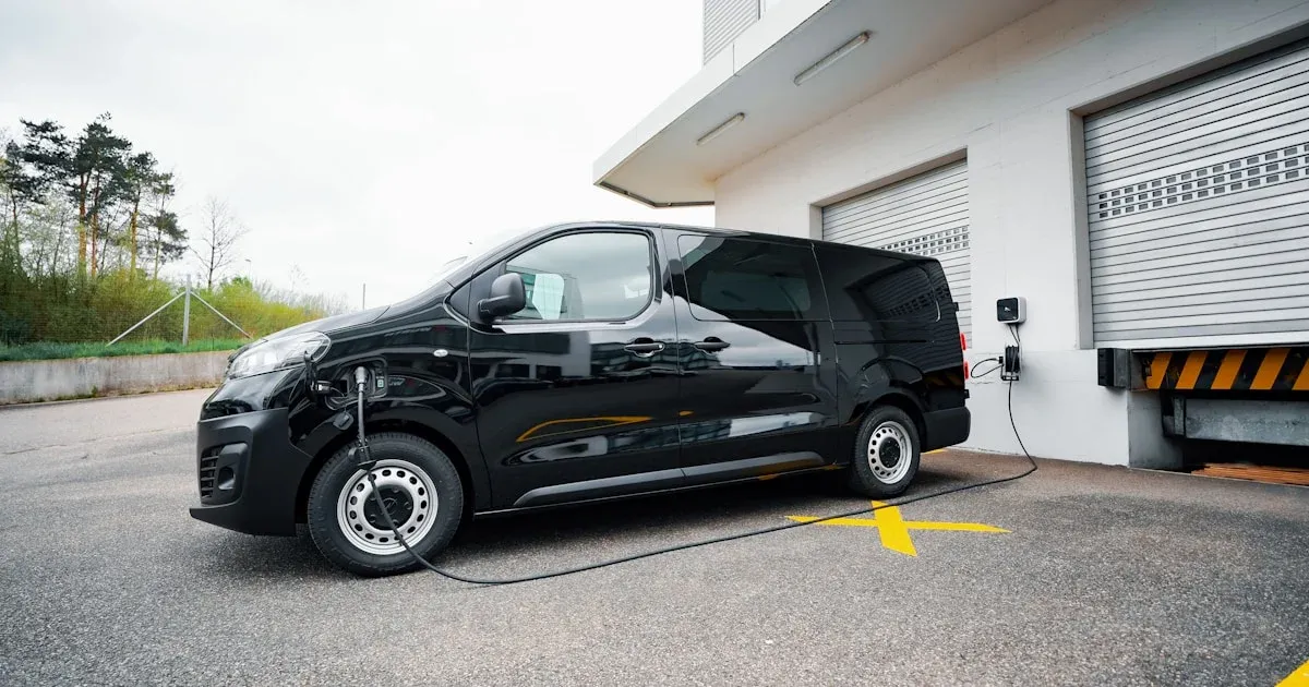 Furgoneta eléctrica conectada a un punto de carga rápida nun hub loxístico