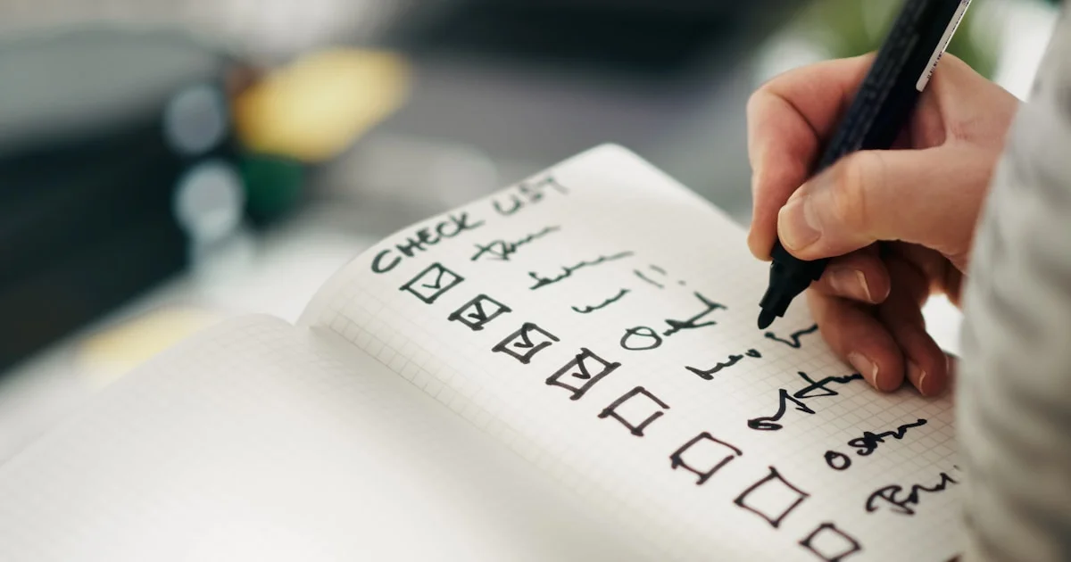 Profesional revisando lista de requisitos en oficina con portátil abierto